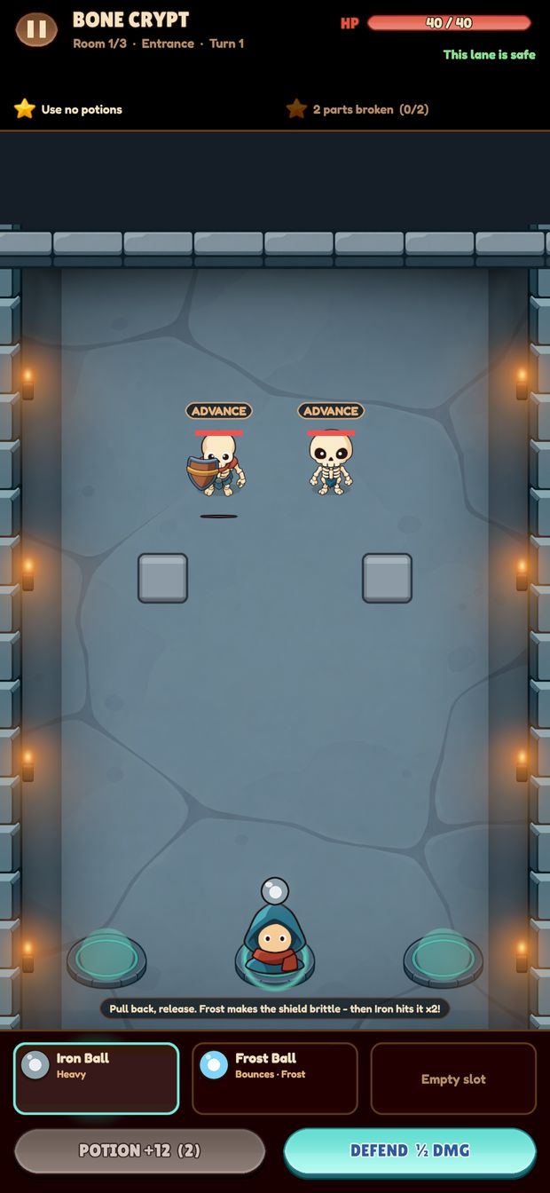 Stage 10: Torches, wall shadows and the hero on the rune ring.